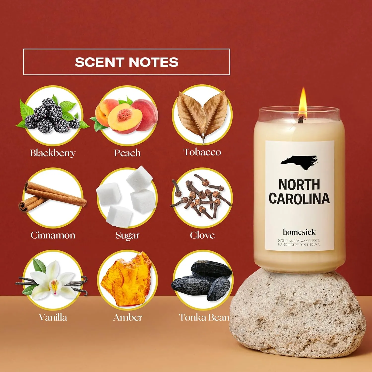 Homesick Scented Candles for Home (North Carolina) - 13.75 oz Long-Lasting Soy Wax Jar Candle for Women & Men for All Occasions, 60-80 Hours Burn Time - Notes of BlackBerry, Peach & Tobacco