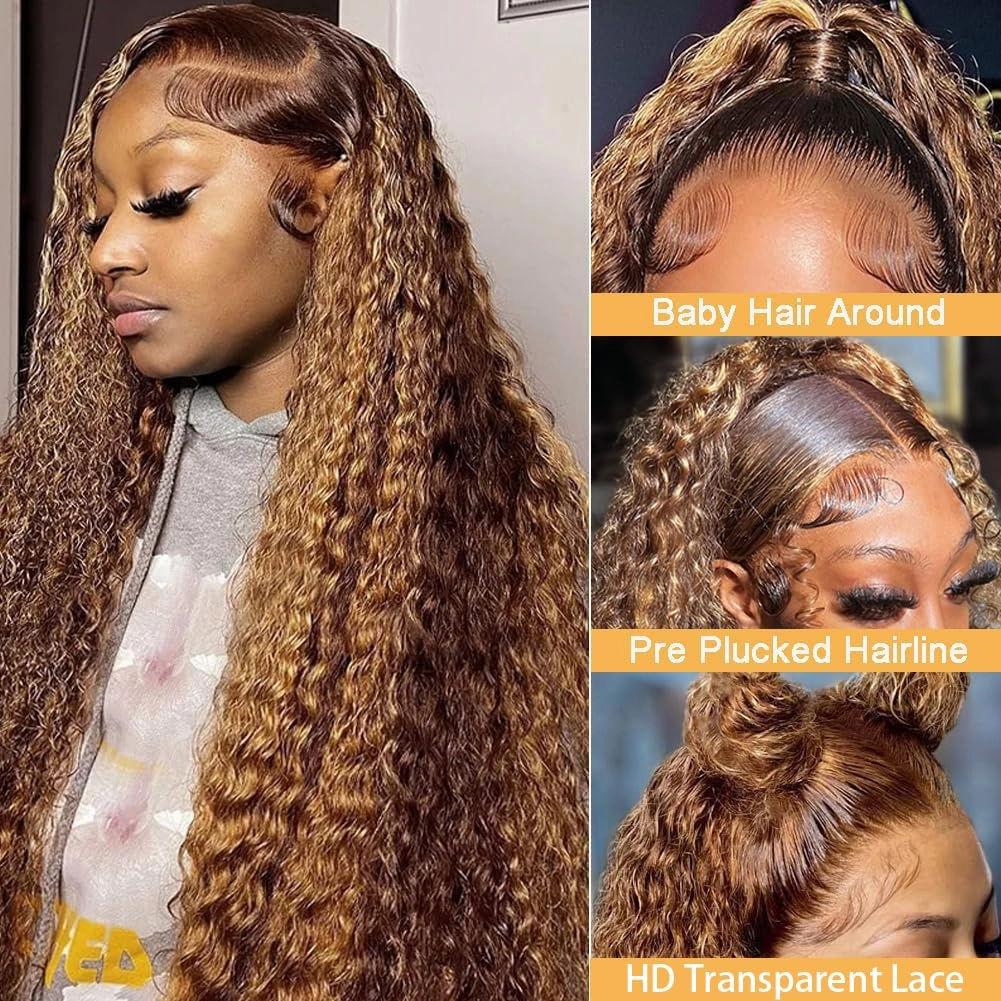 Honey Blonde 13x6 Deep Wave Lace Front Wigs Human Hair 4/27 Highlight Ombre Deep Wave HD Transparent Lace Front Wigs Pre Plucked 200% Density Wet And Wavy Curly Lace Frontal Wig for Women 26 inch