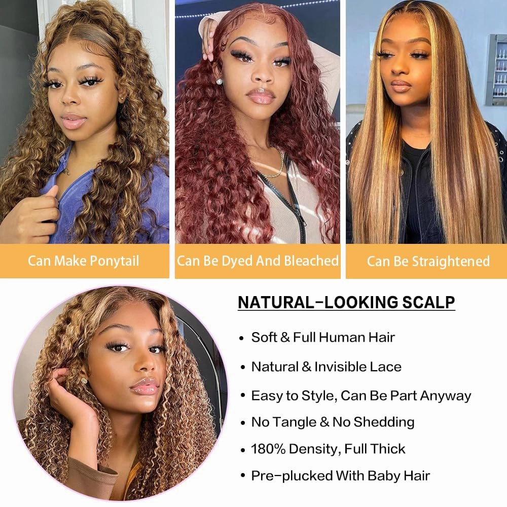 Honey Blonde 13x6 Deep Wave Lace Front Wigs Human Hair 4/27 Highlight Ombre Deep Wave HD Transparent Lace Front Wigs Pre Plucked 200% Density Wet And Wavy Curly Lace Frontal Wig for Women 26 inch