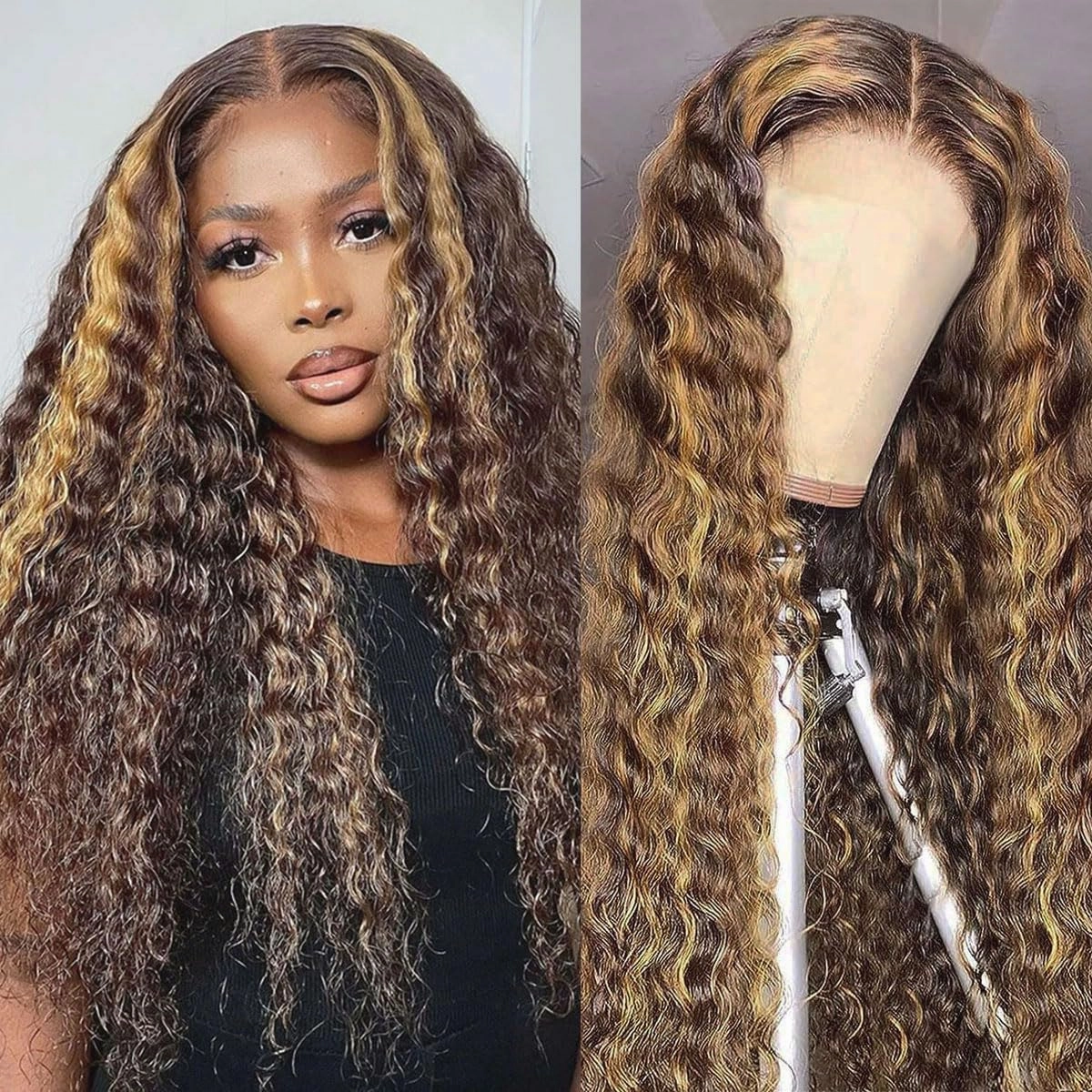 Honey Blonde 13x6 Deep Wave Lace Front Wigs Human Hair 4/27 Highlight Ombre Deep Wave HD Transparent Lace Front Wigs Pre Plucked 200% Density Wet And Wavy Curly Lace Frontal Wig for Women 26 inch