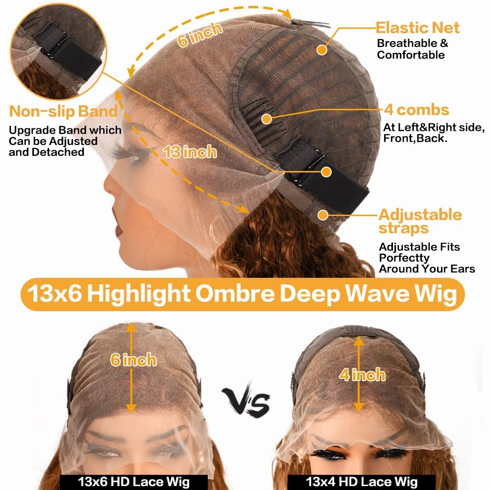 Honey Blonde 13x6 Deep Wave Lace Front Wigs Human Hair 4/27 Highlight Ombre Deep Wave HD Transparent Lace Front Wigs Pre Plucked 200% Density Wet And Wavy Curly Lace Frontal Wig for Women 26 inch