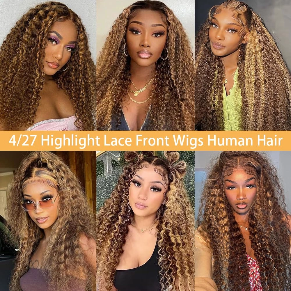 Honey Blonde 13x6 Deep Wave Lace Front Wigs Human Hair 4/27 Highlight Ombre Deep Wave HD Transparent Lace Front Wigs Pre Plucked 200% Density Wet And Wavy Curly Lace Frontal Wig for Women 26 inch