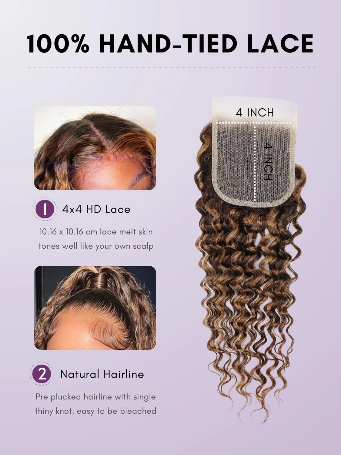 Honey Blonde Highlight Deep Wave Closure Only Human Hair, 100% Hand Tied 10A Brazilian Virgin 4x4 HD Transparent Lace Closure Pre Plucked P4/27 Ombre Brown Curly Lace Closure Sew In Remy 10 Inch