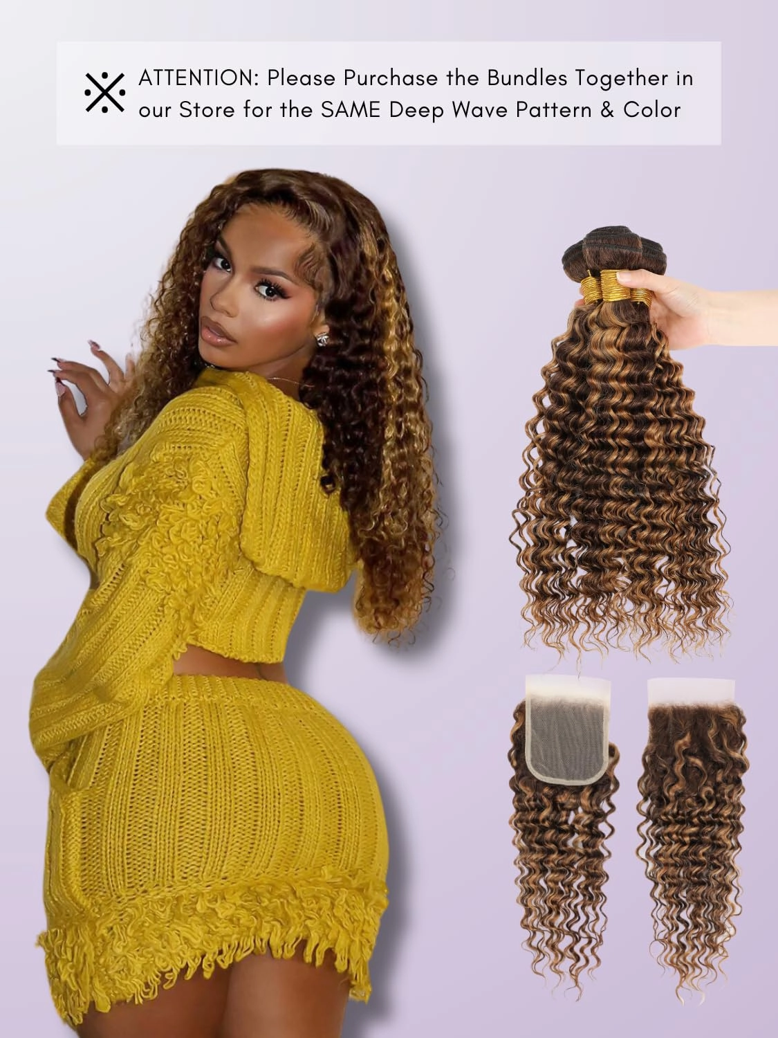 Honey Blonde Highlight Deep Wave Closure Only Human Hair, 100% Hand Tied 10A Brazilian Virgin 4x4 HD Transparent Lace Closure Pre Plucked P4/27 Ombre Brown Curly Lace Closure Sew In Remy 10 Inch