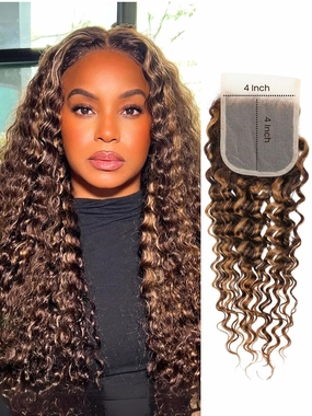 Honey Blonde Highlight Deep Wave Closure Only Human Hair, 100% Hand Tied 10A Brazilian Virgin 4x4 HD Transparent Lace Closure Pre Plucked P4/27 Ombre Brown Curly Lace Closure Sew In Remy 10 Inch