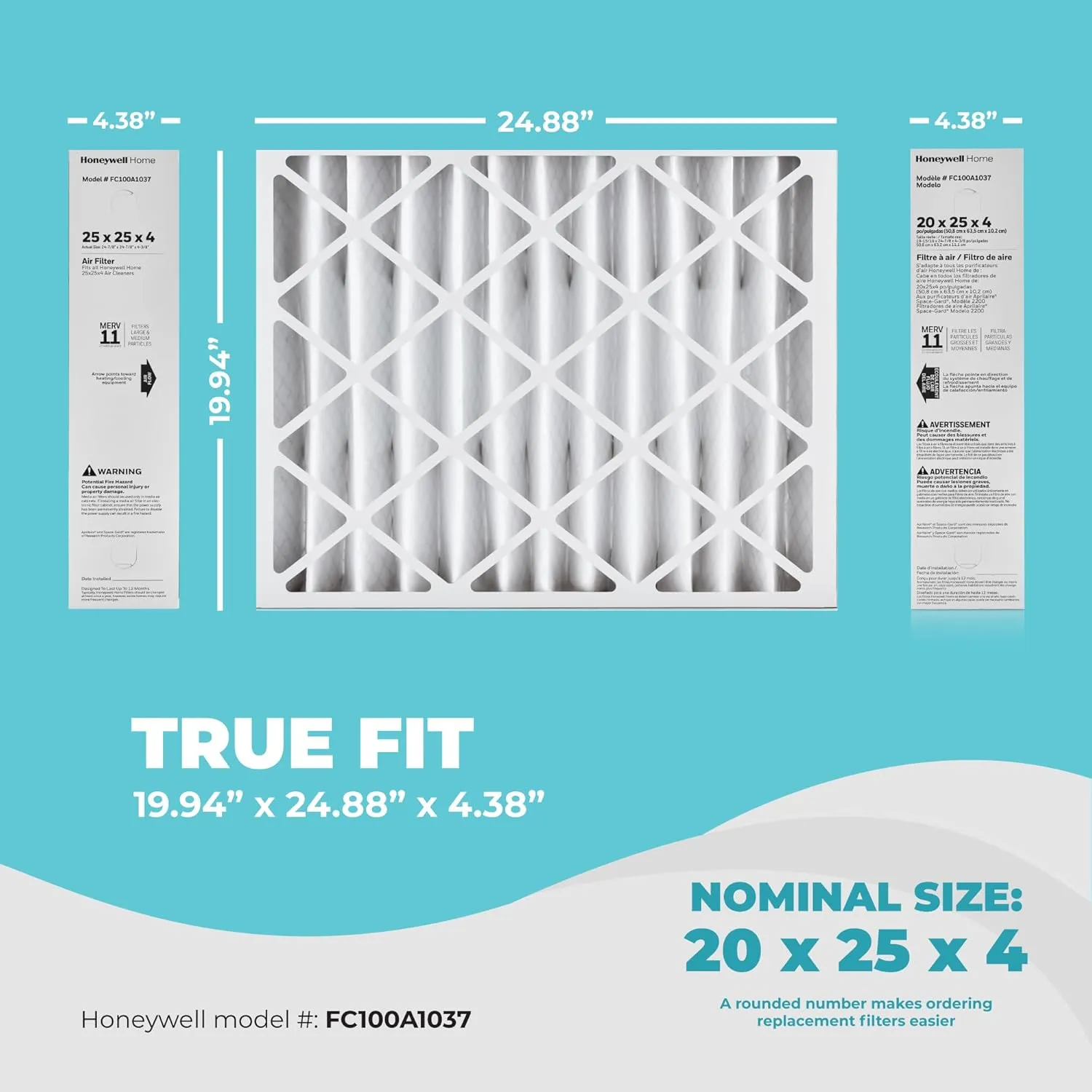 Honeywell 20x25x4 Air Filter Replacement MERV 11, FC100A1037 Pleated HVAC AC Furnace Filters with Wholesalehome Cleaning Cloth, 2-Pack (Actual Size: 19.94 x 24.88 x 4.38 Inches)