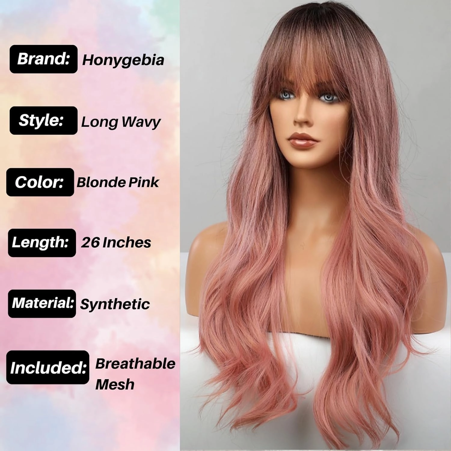 Honygebia Pink Wigs with Bangs - Long Ombre Pink Wigs for Women, Light Wavy Heat Resistant Hair Pink, Synthetic Dark Root Natural Looking - Best Wigs for Halloween/Christmas/Cosplay/Party