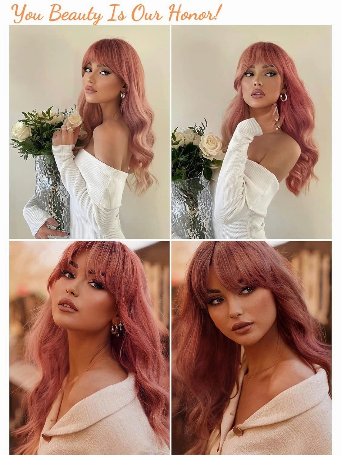Honygebia Pink Wigs with Bangs - Long Ombre Pink Wigs for Women, Light Wavy Heat Resistant Hair Pink, Synthetic Dark Root Natural Looking - Best Wigs for Halloween/Christmas/Cosplay/Party