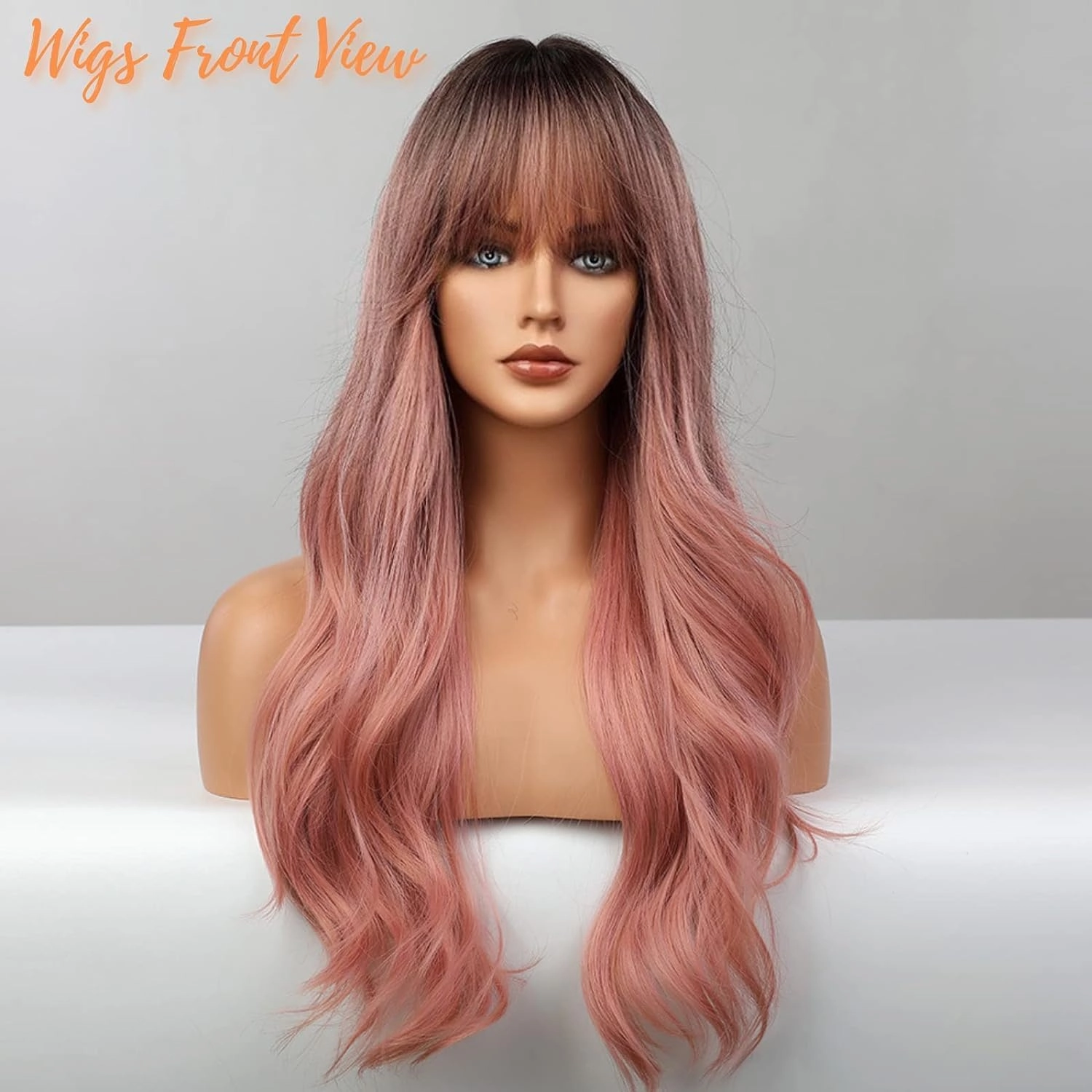 Honygebia Pink Wigs with Bangs - Long Ombre Pink Wigs for Women, Light Wavy Heat Resistant Hair Pink, Synthetic Dark Root Natural Looking - Best Wigs for Halloween/Christmas/Cosplay/Party