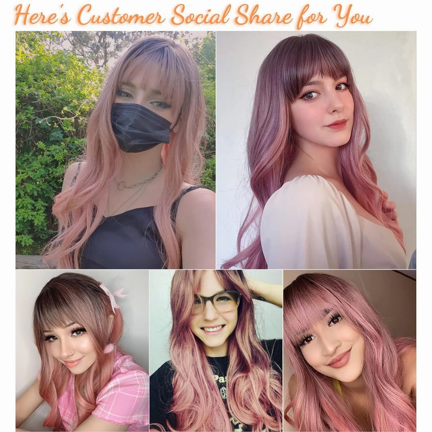 Honygebia Pink Wigs with Bangs - Long Ombre Pink Wigs for Women, Light Wavy Heat Resistant Hair Pink, Synthetic Dark Root Natural Looking - Best Wigs for Halloween/Christmas/Cosplay/Party
