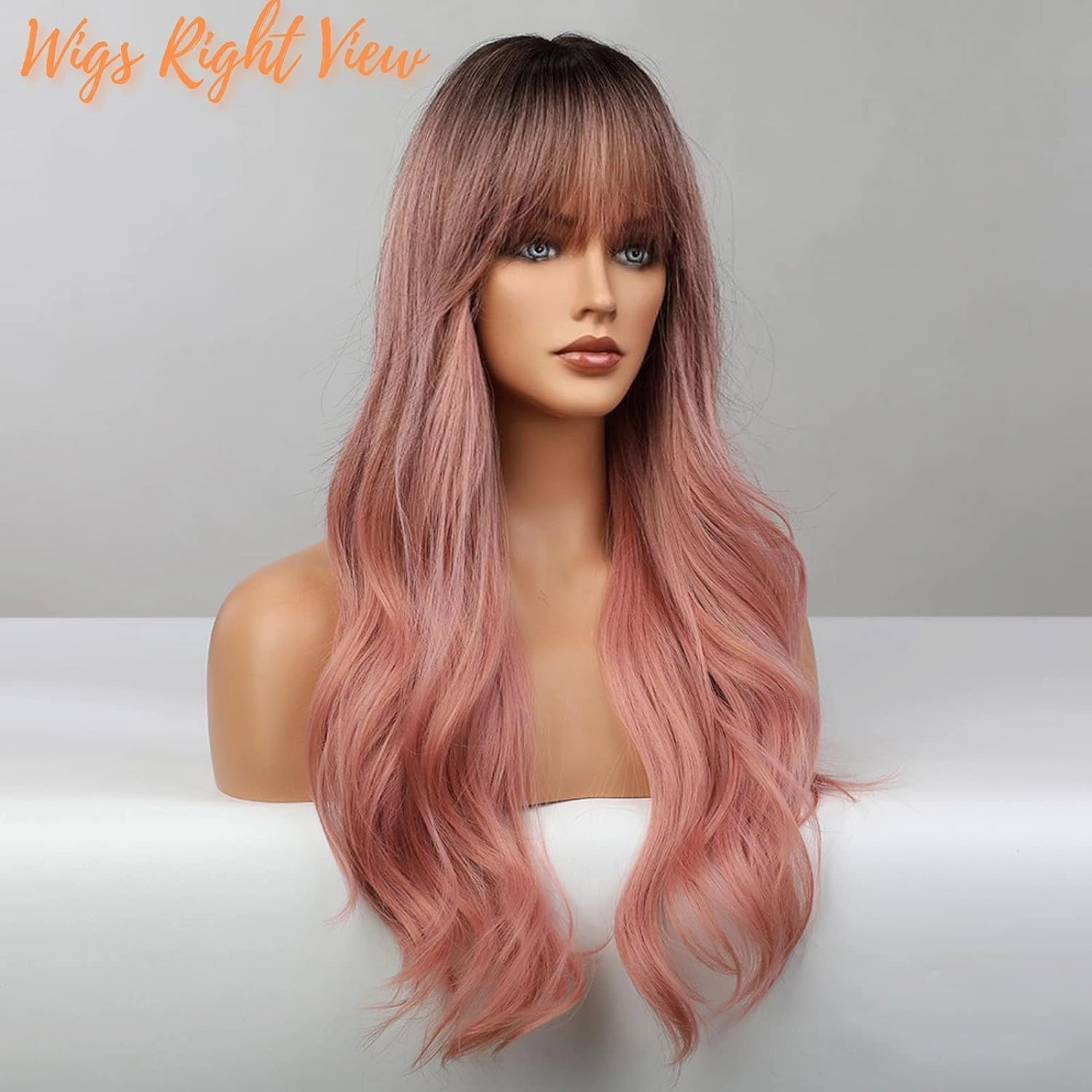 Honygebia Pink Wigs with Bangs - Long Ombre Pink Wigs for Women, Light Wavy Heat Resistant Hair Pink, Synthetic Dark Root Natural Looking - Best Wigs for Halloween/Christmas/Cosplay/Party