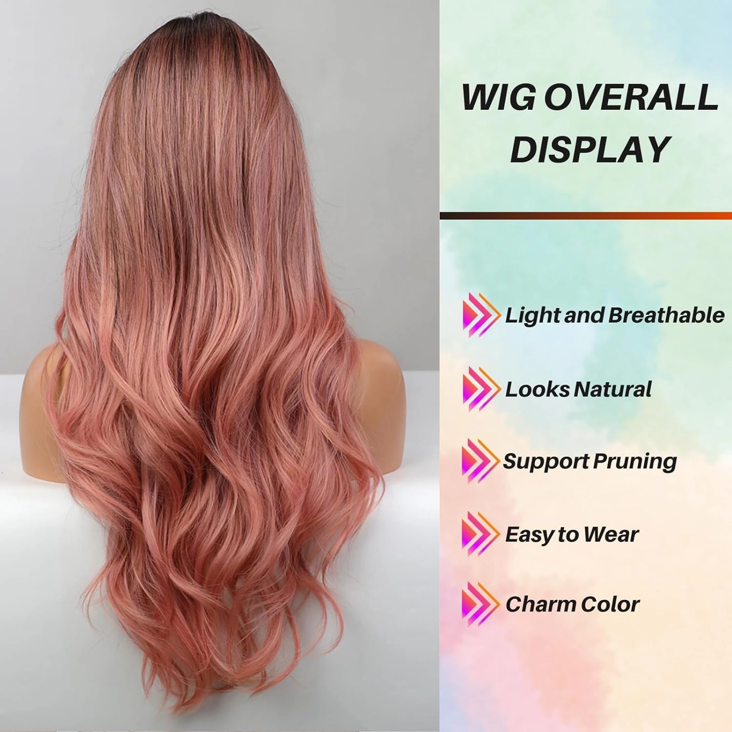 Honygebia Pink Wigs with Bangs - Long Ombre Pink Wigs for Women, Light Wavy Heat Resistant Hair Pink, Synthetic Dark Root Natural Looking - Best Wigs for Halloween/Christmas/Cosplay/Party