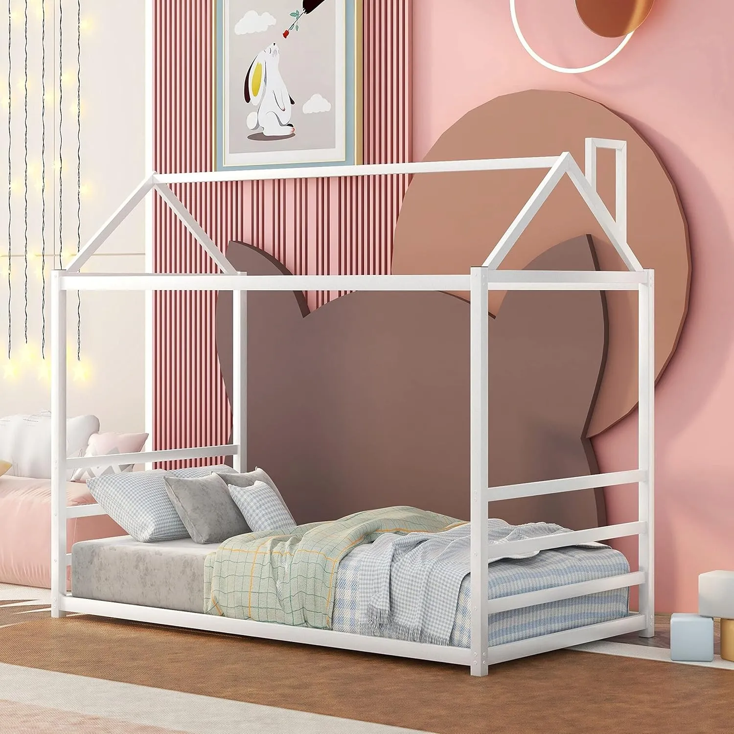 House Bed Full Size Bed Frame with Roof, Box Spring Needed(White Style B,Twin)