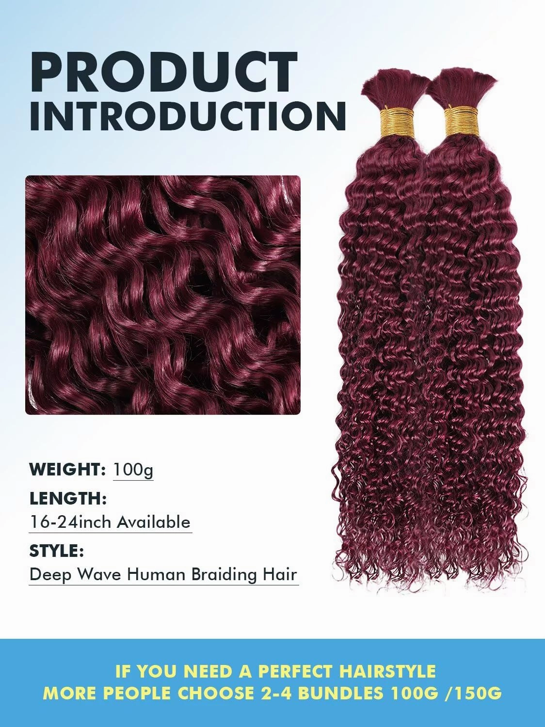 Human Braiding Hair for Boho Braids 100g 18 Inch Burgundy Curly Boho Hair for Braiding Knotless 12A Deep Wave Bulk Bohemian 2 Bundles/Pack Color 99J