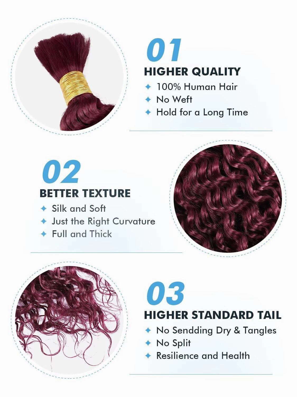 Human Braiding Hair for Boho Braids 100g 18 Inch Burgundy Curly Boho Hair for Braiding Knotless 12A Deep Wave Bulk Bohemian 2 Bundles/Pack Color 99J