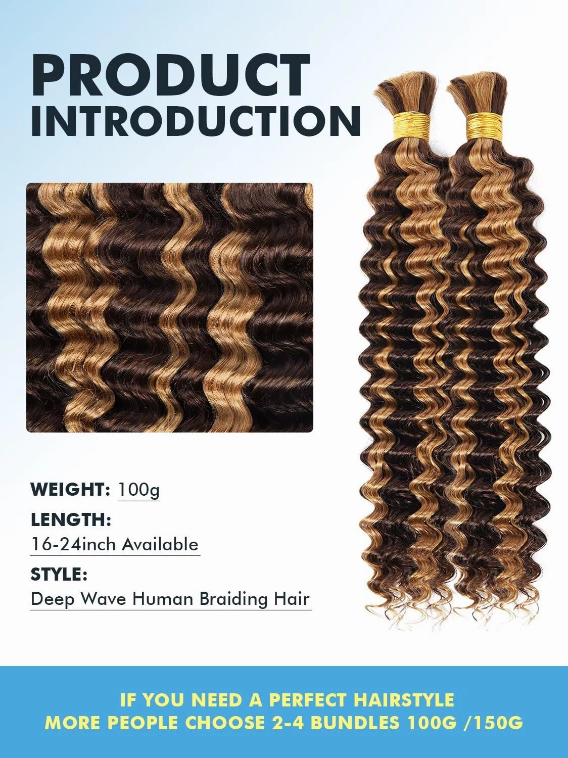 Human Braiding Hair for Boho Braids 100g 18 Inch Ombre Highlight Curly Boho Hair for Braiding Knotless 12A Deep Wave Bulk Bohemian 2 Bundles/Pack Color P4/27