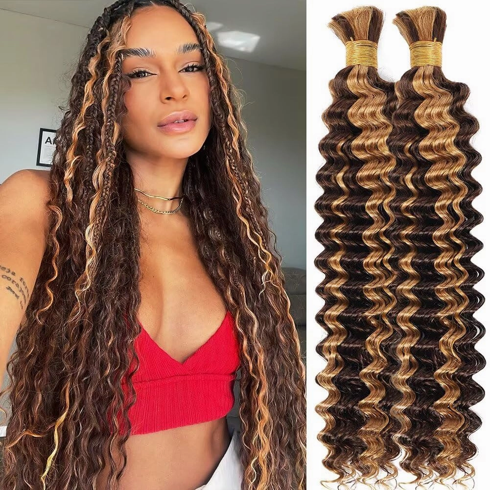 Human Braiding Hair for Boho Braids 100g 18 Inch Ombre Highlight Curly Boho Hair for Braiding Knotless 12A Deep Wave Bulk Bohemian 2 Bundles/Pack Color P4/27