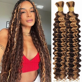 Human Braiding Hair for Boho Braids 100g 18 Inch Ombre Highlight Curly Boho Hair for Braiding Knotless 12A Deep Wave Bulk Bohemian 2 Bundles/Pack Color P4/27