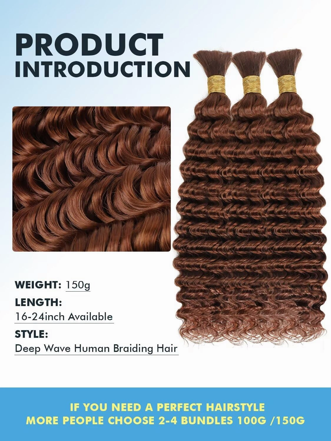 Human Braiding Hair for Boho Braids 150g 18 Inch Auburn Brown Curly Boho Hair for Braiding Knotless 12A Deep Wave Bulk Bohemian 3 Bundles/Pack Color 30
