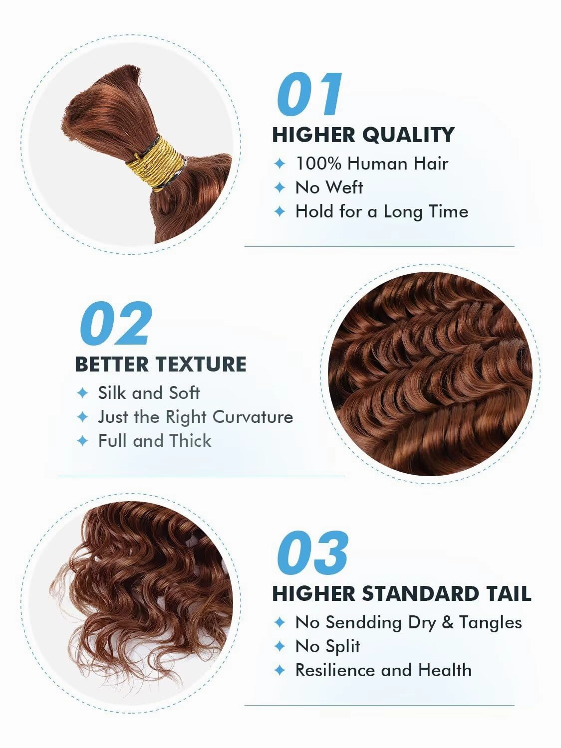 Human Braiding Hair for Boho Braids 150g 18 Inch Auburn Brown Curly Boho Hair for Braiding Knotless 12A Deep Wave Bulk Bohemian 3 Bundles/Pack Color 30