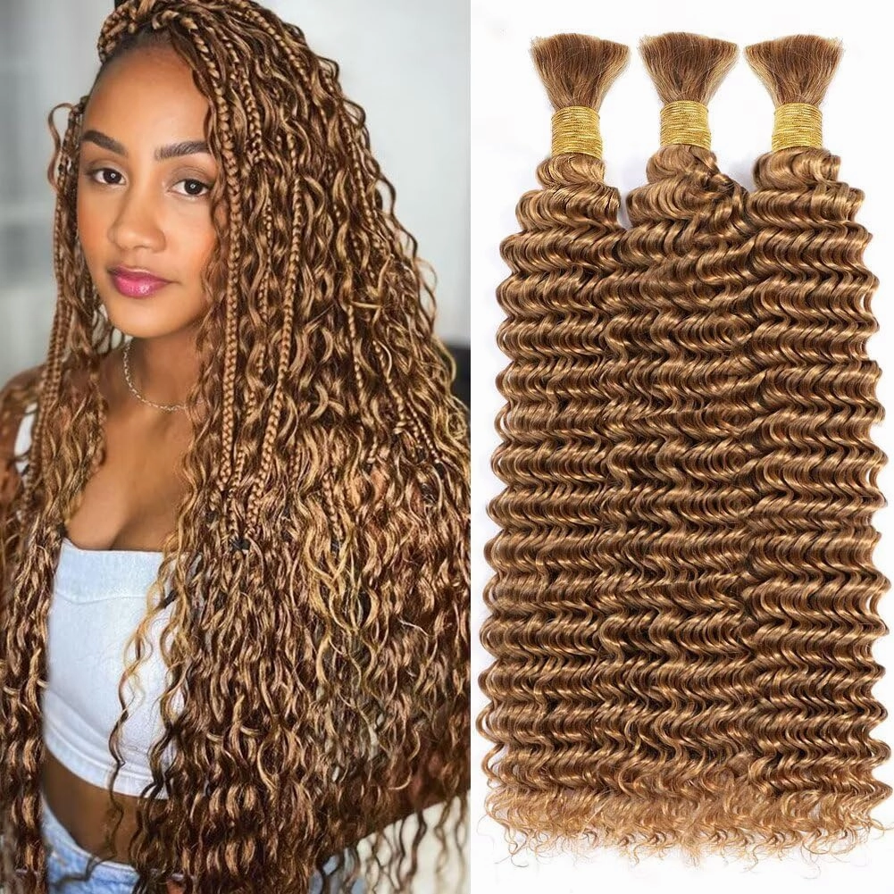 Human Braiding Hair for Boho Braids 150g 18 Inch Honey Blonde Curly Boho Hair for Braiding Knotless 12A Deep Wave Bulk Bohemian 3 Bundles/Pack Color 27