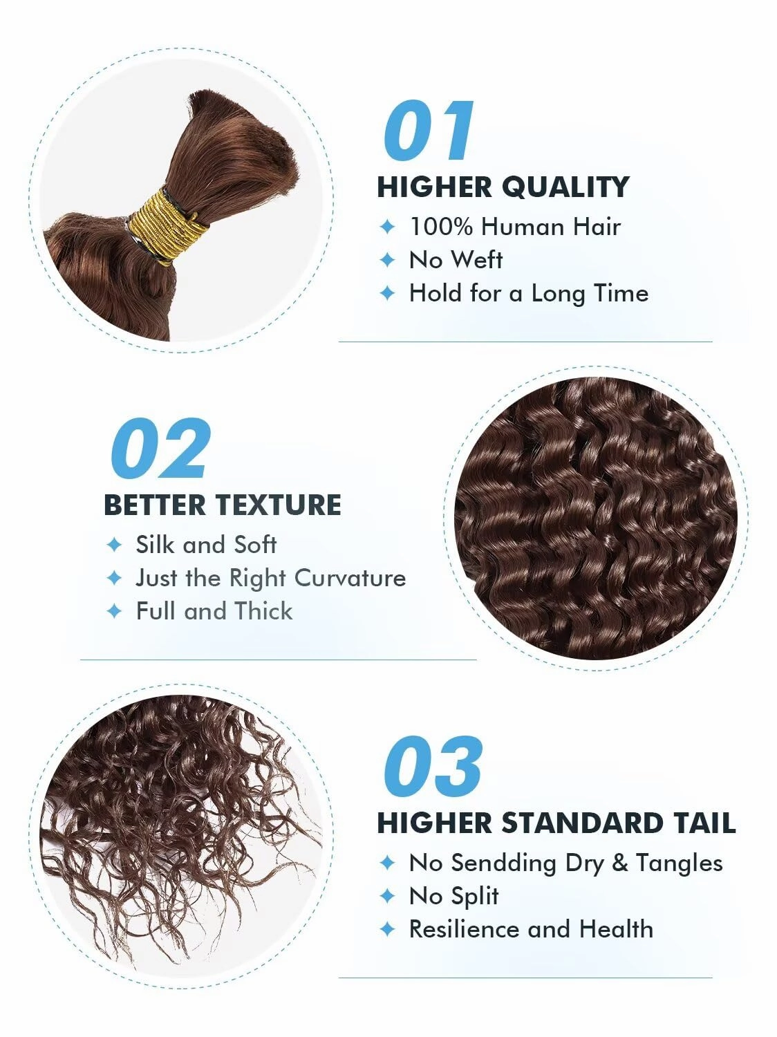 Human Braiding Hair for Boho Braids 150g 20 Inch Chocolate Brown Curly Boho Hair for Braiding Knotless 12A Deep Wave Bulk Bohemian 3 Bundles/Pack Color 4