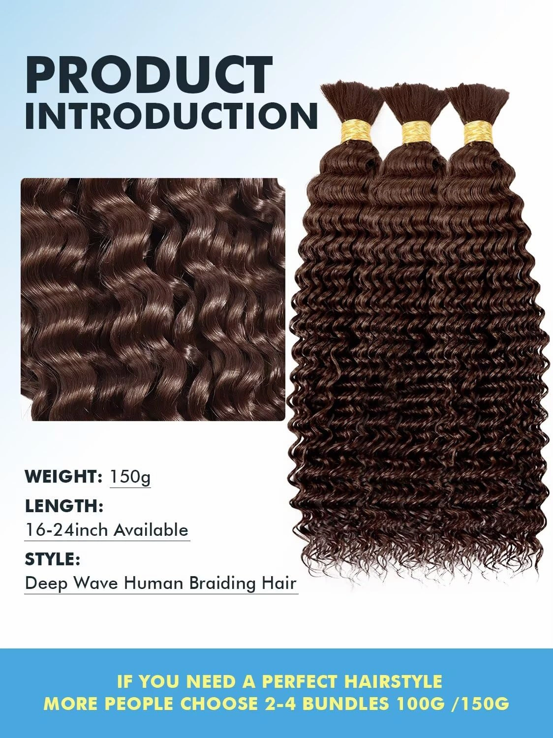 Human Braiding Hair for Boho Braids 150g 20 Inch Chocolate Brown Curly Boho Hair for Braiding Knotless 12A Deep Wave Bulk Bohemian 3 Bundles/Pack Color 4