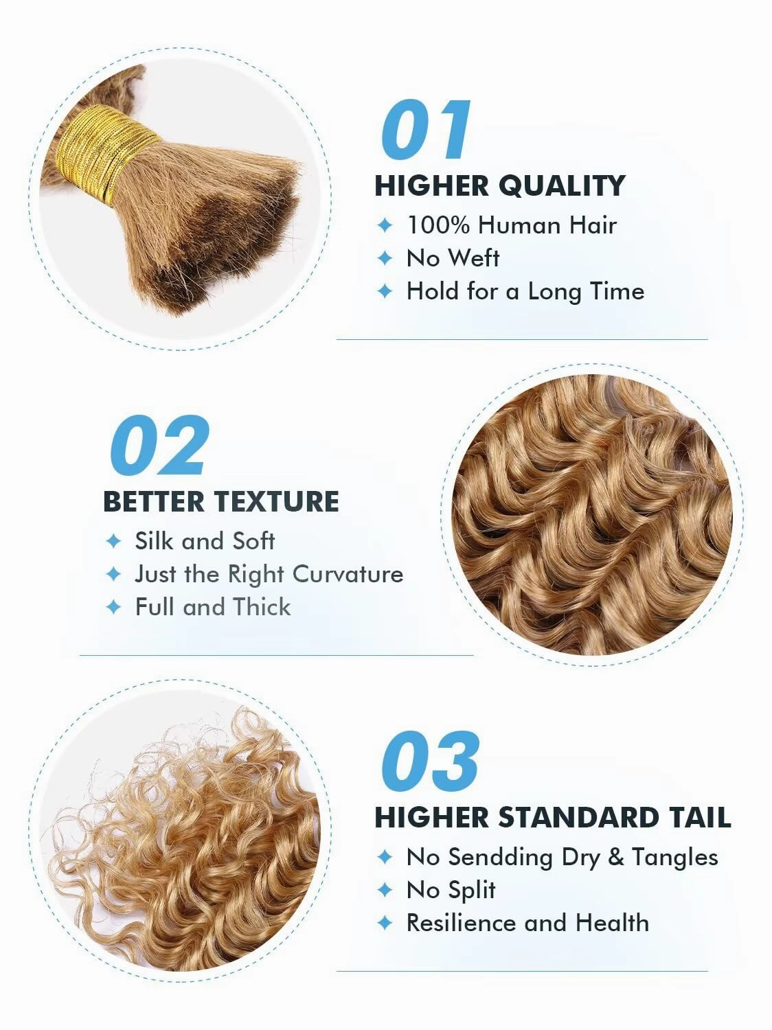 Human Braiding Hair for Boho Braids 150g 20 Inch Honey Blonde Curly Boho Hair for Braiding Knotless 12A Deep Wave Bulk Bohemian 3 Bundles/Pack Color 27