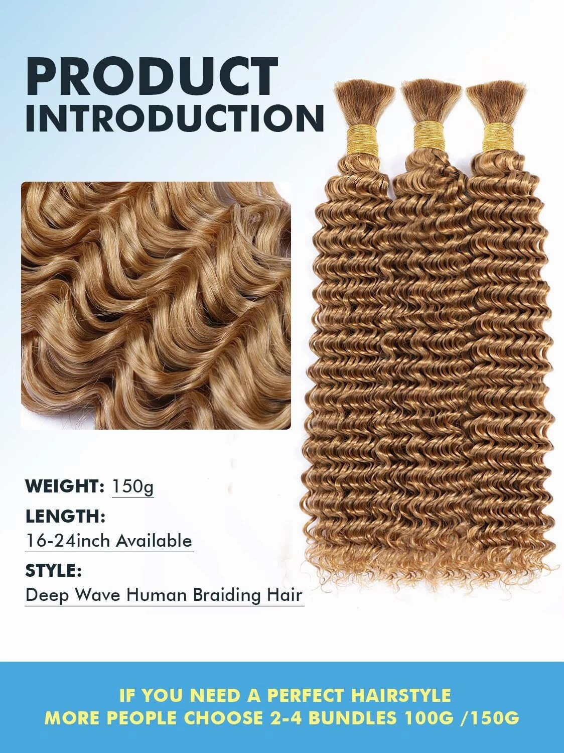 Human Braiding Hair for Boho Braids 150g 20 Inch Honey Blonde Curly Boho Hair for Braiding Knotless 12A Deep Wave Bulk Bohemian 3 Bundles/Pack Color 27