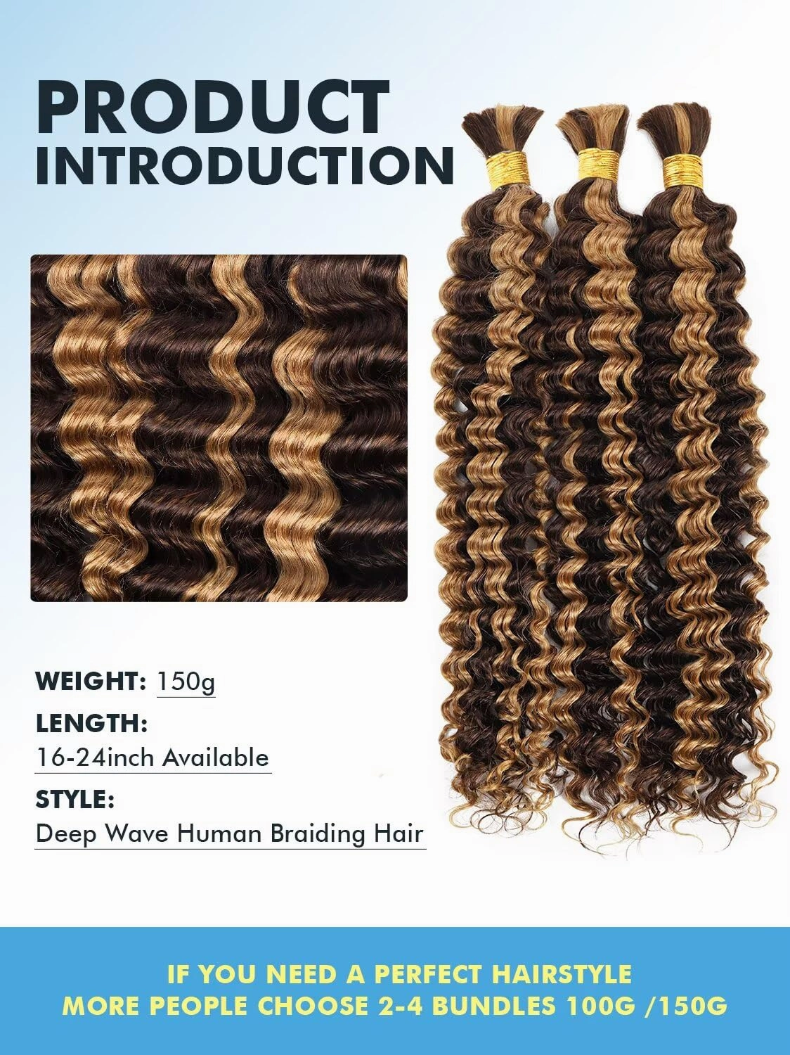Human Braiding Hair for Boho Braids 150g 20 Inch Ombre Highlight Curly Boho Hair for Braiding Knotless 12A Deep Wave Bulk Bohemian 3 Bundles/Pack Color P4/27