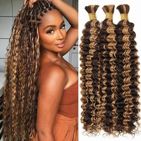 Human Braiding Hair for Boho Braids 150g 20 Inch Ombre Highlight Curly Boho Hair for Braiding Knotless 12A Deep Wave Bulk Bohemian 3 Bundles/Pack Color P4/27