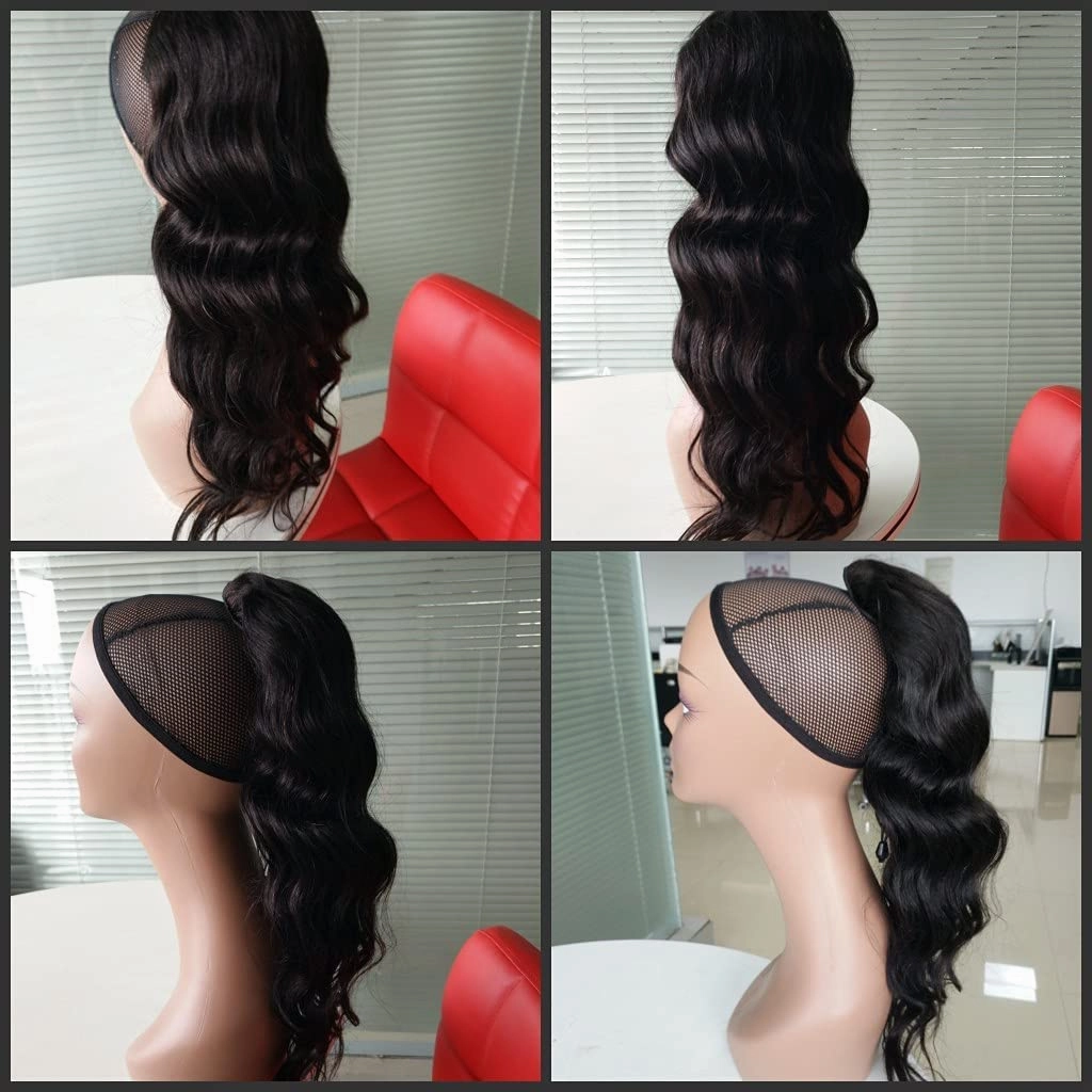 Human Hair 14'' Body Wave Ponytail Extensions Yaki Afro Kinky Straight Curly Ponytail Wrap Drawstring Human Hair Natural Color Hairpiece with Clip in Binding Pony Tail (14 Inch, Body Wave)