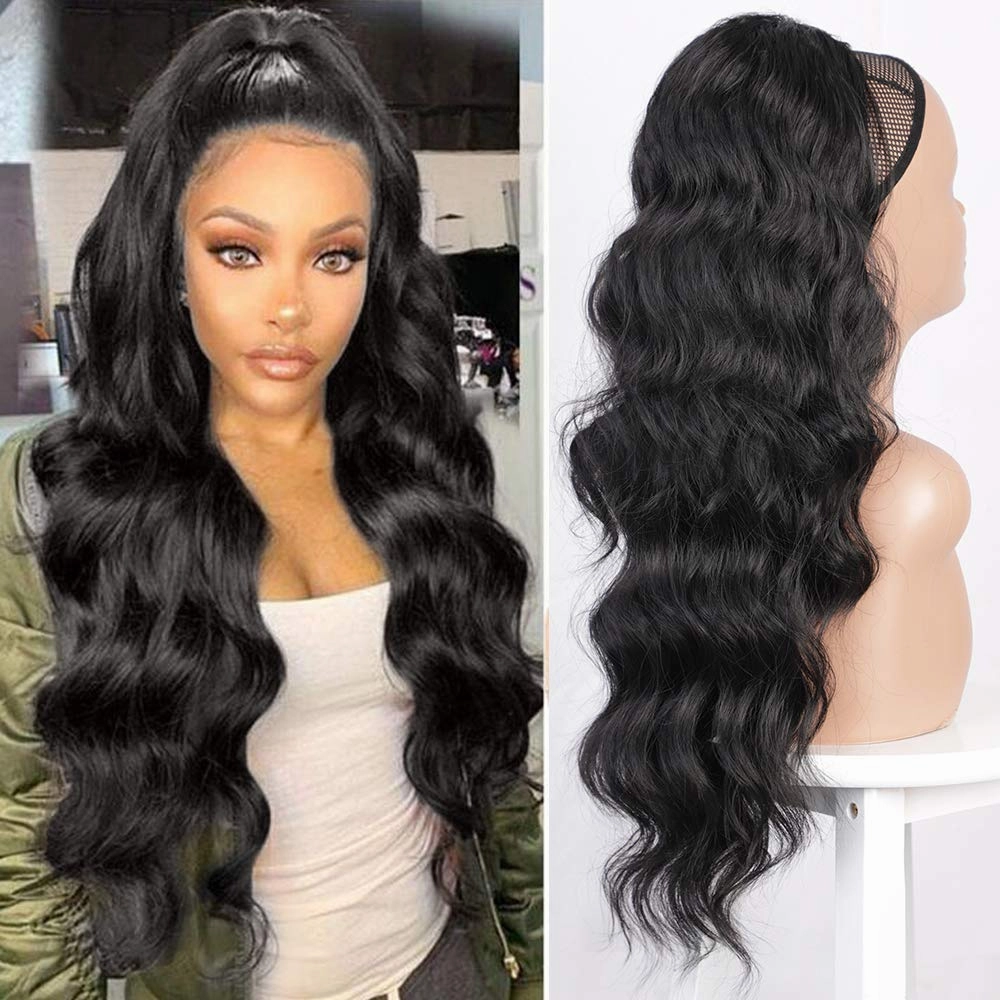Human Hair 14'' Body Wave Ponytail Extensions Yaki Afro Kinky Straight Curly Ponytail Wrap Drawstring Human Hair Natural Color Hairpiece with Clip in Binding Pony Tail (14 Inch, Body Wave)