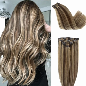 Human Hair Clip in Extensions 14Inch Straight Highlight Chocolate Brown Mix Ash Blonde Human Hair Clip on Hairpieces 70g Handmade Weft 5pcs 12 Clips for Women 2 Tones #4T18P4