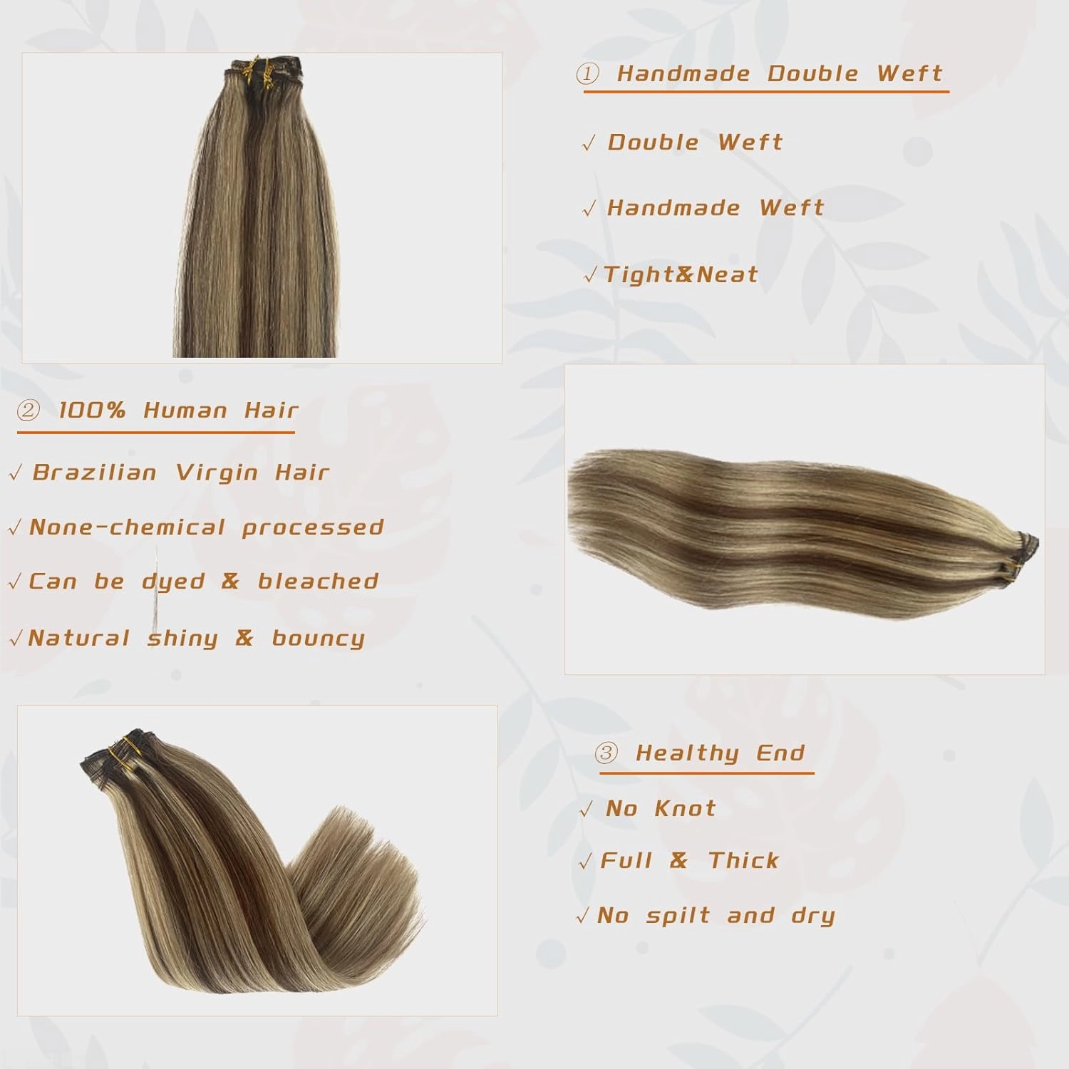 Human Hair Clip in Extensions 14Inch Straight Highlight Chocolate Brown Mix Ash Blonde Human Hair Clip on Hairpieces 70g Handmade Weft 5pcs 12 Clips for Women 2 Tones #4T18P4