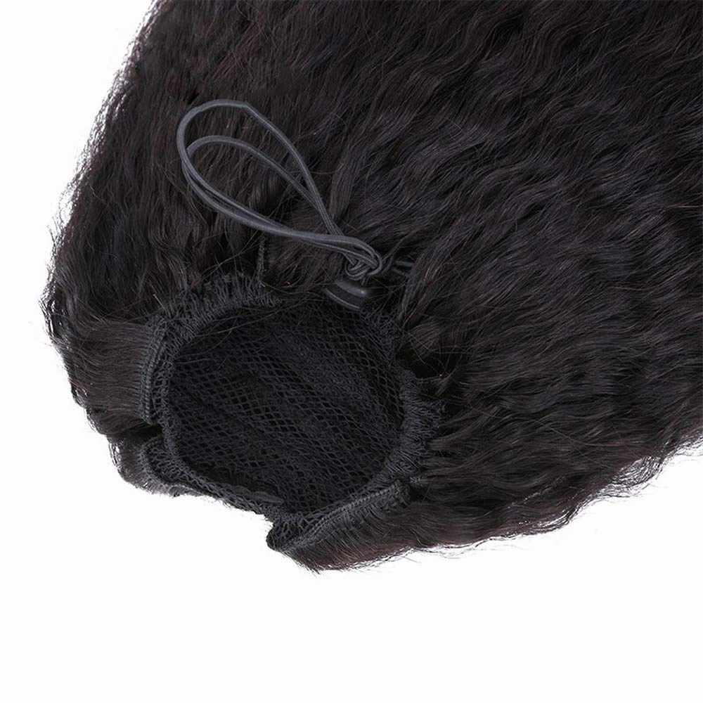 Human Hair Ponytail Extensions Yaki Afro Kinky Straight Curly Ponytail Wrap Drawstring Human Hair Natural Black Color Hairpiece with Clip in Binding Pony Tail (12 Inch, Kinky Straight)