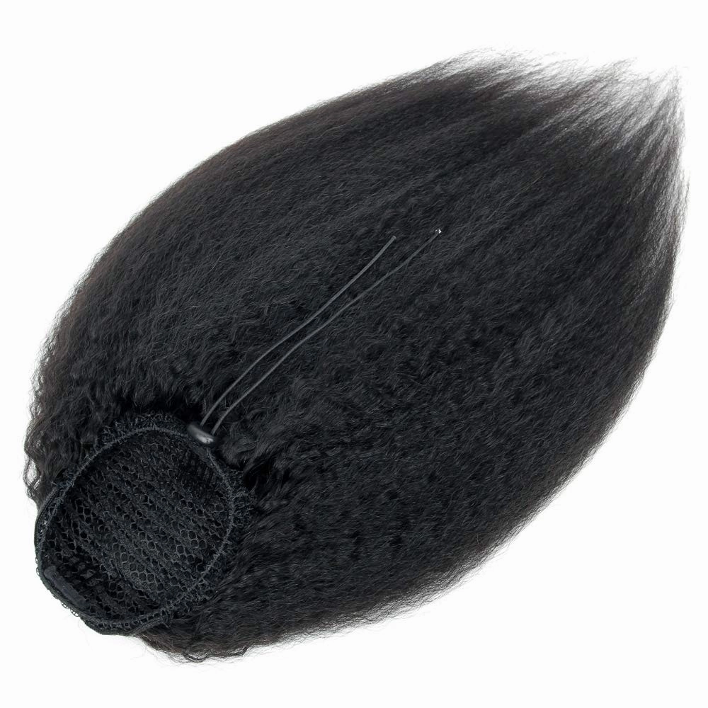 Human Hair Ponytail Extensions Yaki Afro Kinky Straight Curly Ponytail Wrap Drawstring Human Hair Natural Black Color Hairpiece with Clip in Binding Pony Tail (12 Inch, Kinky Straight)