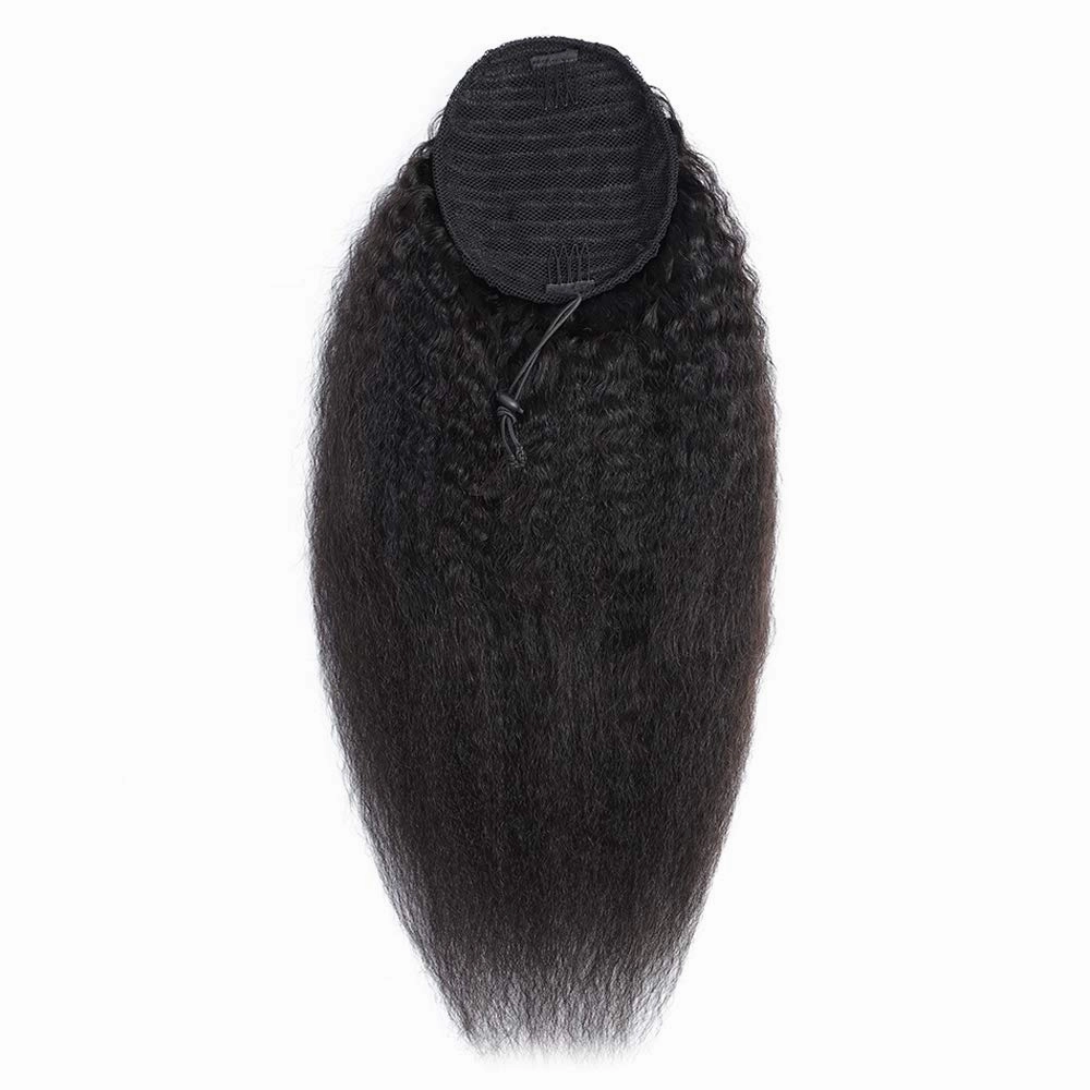 Human Hair Ponytail Extensions Yaki Afro Kinky Straight Curly Ponytail Wrap Drawstring Human Hair Natural Black Color Hairpiece with Clip in Binding Pony Tail (12 Inch, Kinky Straight)