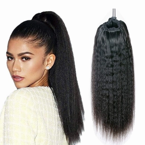 Human Hair Ponytail Extensions Yaki Afro Kinky Straight Curly Ponytail Wrap Drawstring Human Hair Natural Black Color Hairpiece with Clip in Binding Pony Tail (12 Inch, Kinky Straight)