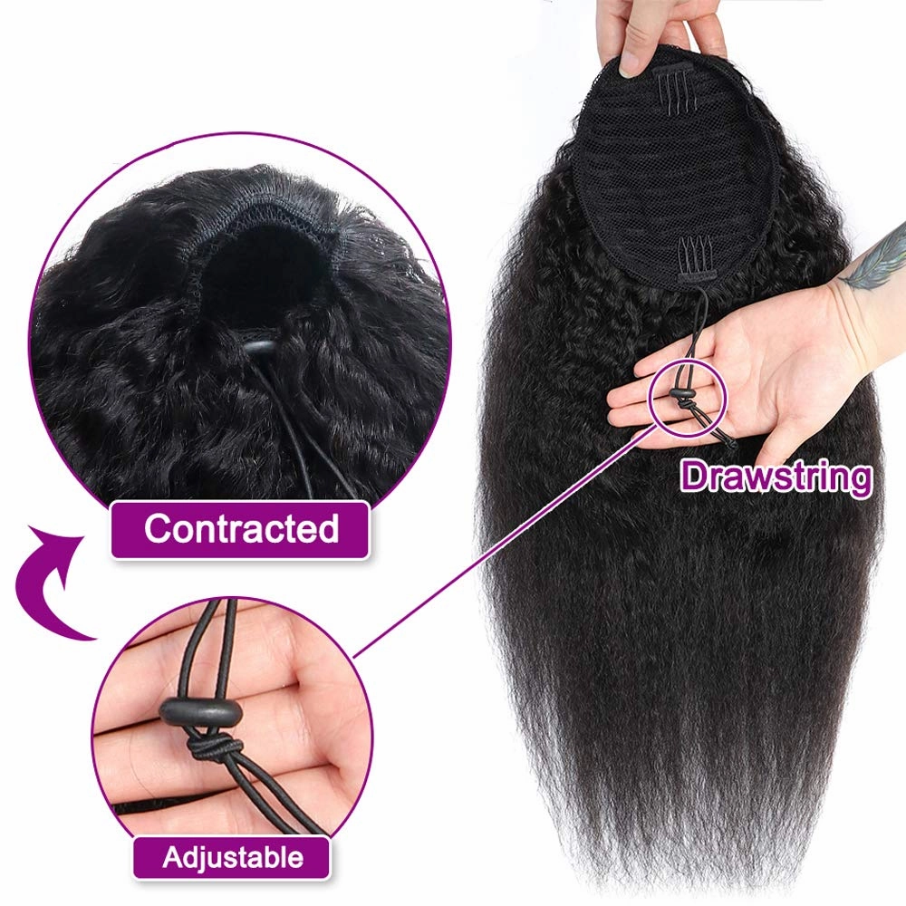 Human Hair Ponytail Extensions Yaki Afro Kinky Straight Curly Ponytail Wrap Drawstring Human Hair Natural Black Color Hairpiece with Clip in Binding Pony Tail (12 Inch, Kinky Straight)