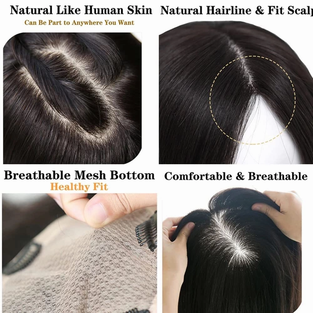 Human Hair Toppers 150% Density Silk Base Clip in Topper Top Hair Pieces For Women with Thinning Hair/Hair Loss Cover Gray Hair Natural Color (8x12, 18)
