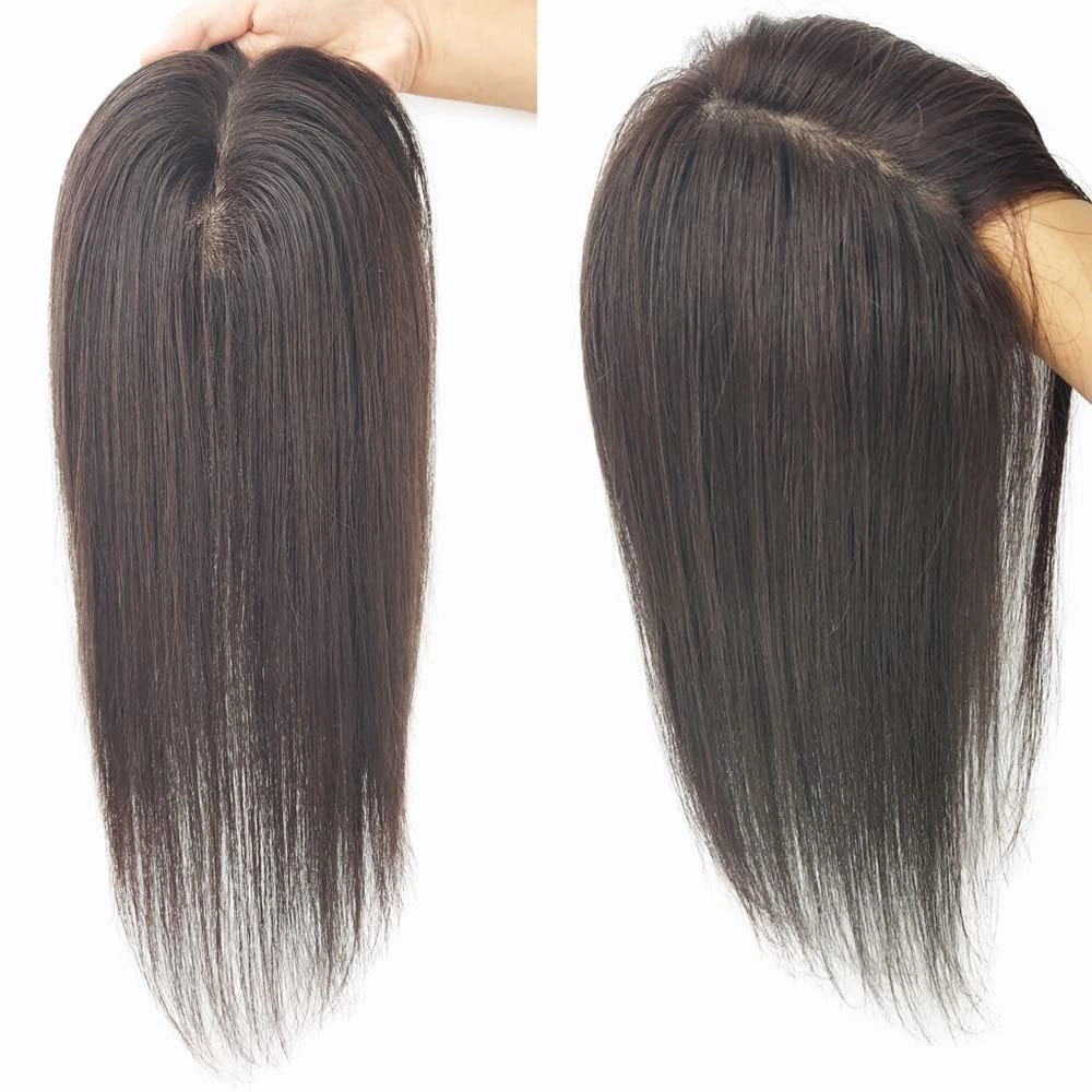 Human Hair Toppers 150% Density Silk Base Clip in Topper Top Hair Pieces For Women with Thinning Hair/Hair Loss Cover Gray Hair Natural Color (8x12, 18)