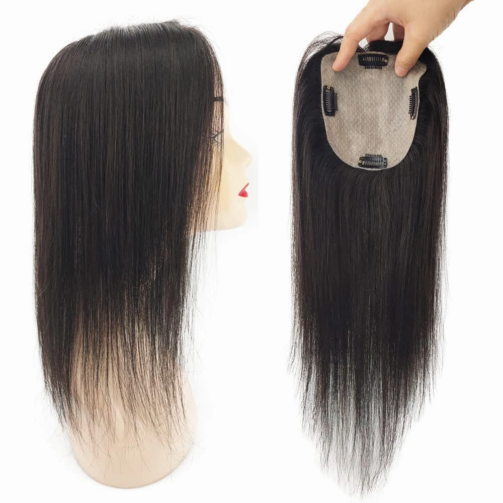 Human Hair Toppers 150% Density Silk Base Clip in Topper Top Hair Pieces For Women with Thinning Hair/Hair Loss Cover Gray Hair Natural Color (8x12, 18)