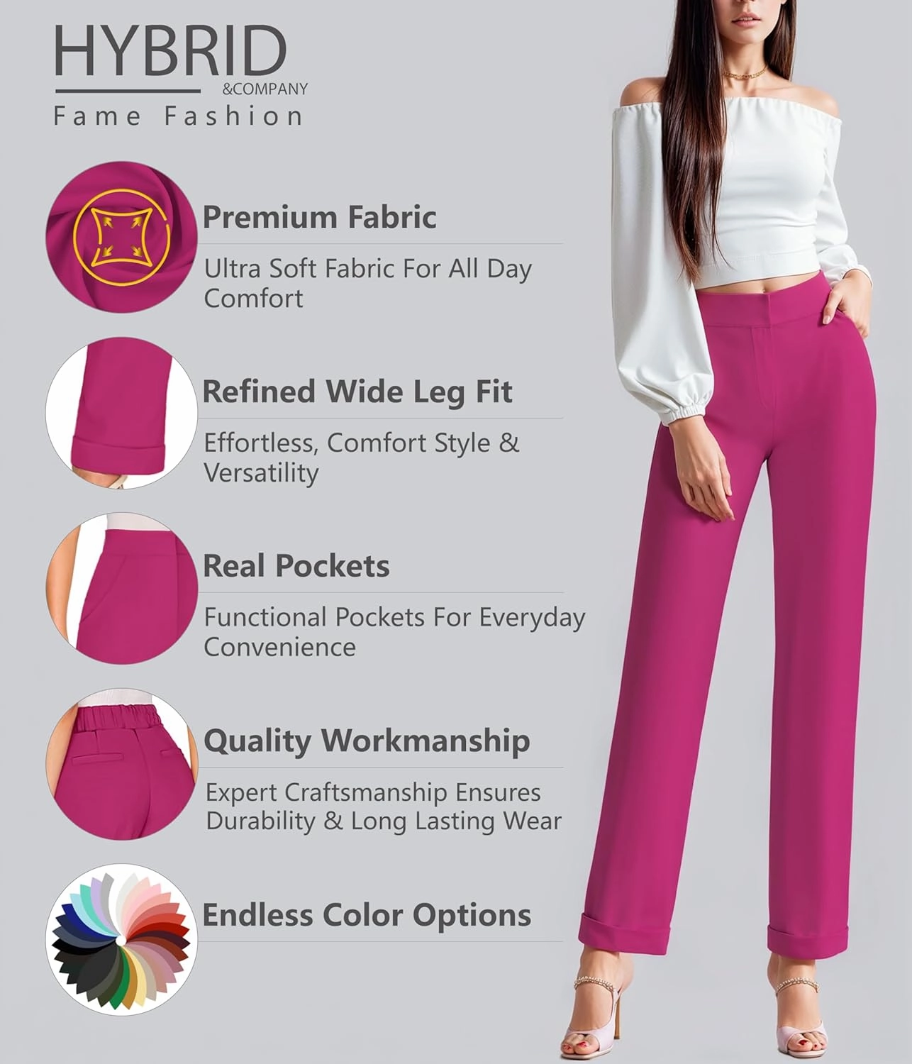 Hybrid & Company Women's High Waist Lightweight Solid Long Pants Elegant Office Trousers