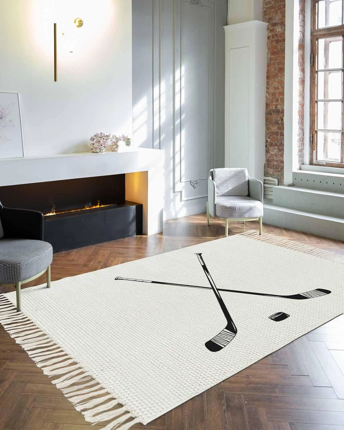 Ice Hockey Large Runner Rug 4X6 Ft Living Room Area Rug, Washable Woven Throw Carpet with Tassel, Modern Minimalist Ball Sports Game Art Non-Shedding Bedroom Office Carpets