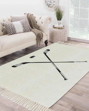 Ice Hockey Large Runner Rug 4X6 Ft Living Room Area Rug, Washable Woven Throw Carpet with Tassel, Modern Minimalist Ball Sports Game Art Non-Shedding Bedroom Office Carpets