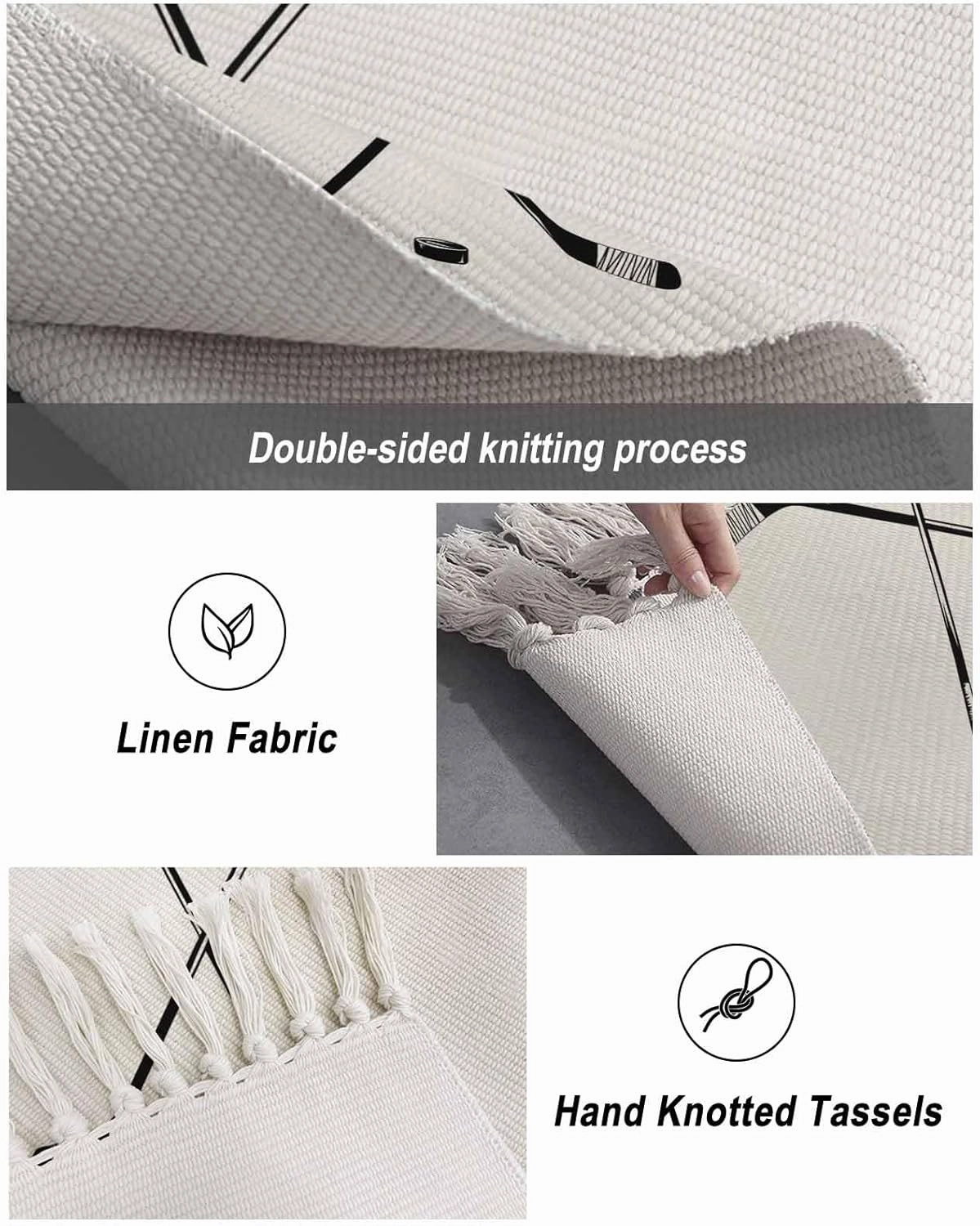 Ice Hockey Large Runner Rug 4X6 Ft Living Room Area Rug, Washable Woven Throw Carpet with Tassel, Modern Minimalist Ball Sports Game Art Non-Shedding Bedroom Office Carpets