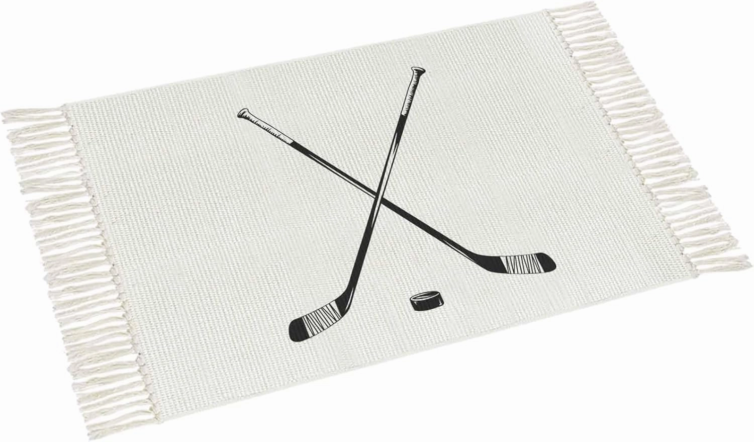 Ice Hockey Large Runner Rug 4X6 Ft Living Room Area Rug, Washable Woven Throw Carpet with Tassel, Modern Minimalist Ball Sports Game Art Non-Shedding Bedroom Office Carpets