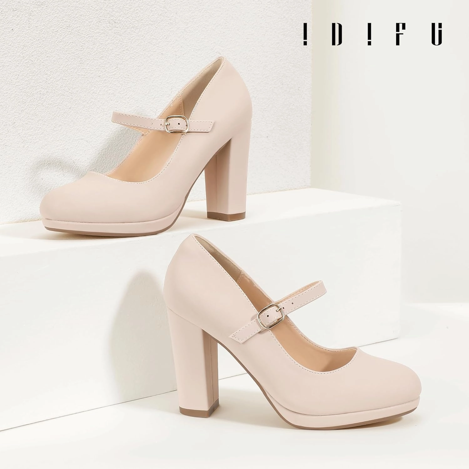 IDIFU IN4 Mary Jane Shoes Closed Toe Heels Platform High Chunky Block Heels Women's Pumps Comfortable Dress Shoes for Women Wedding Bridal Work Fashion Round Toe Pumps Shoes