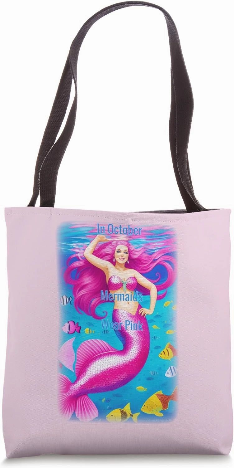 In October Mermaids Wear Pink Art Illustration Tote Bag